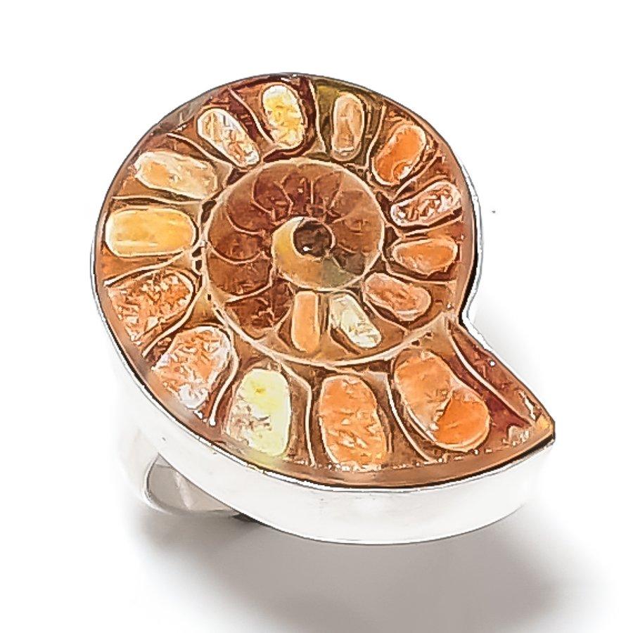 

Ископаемый аммонит Драгоценный камень Ювелирное изделие Кольцо из стерлингового серебра 925 пробы Размер 9