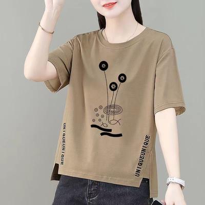 Summer Women's Clothing T-shirts Pure Cotton Solid Color Printing Short Sleeve Loose Slim Versatile Round Neck Tops
