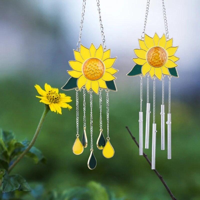 Bellissima decorazione per pannelli sospesi per finestre in vetro colorato con girasole con catena per ornamenti domestici, decorazioni per la casa, campanelli eolici
