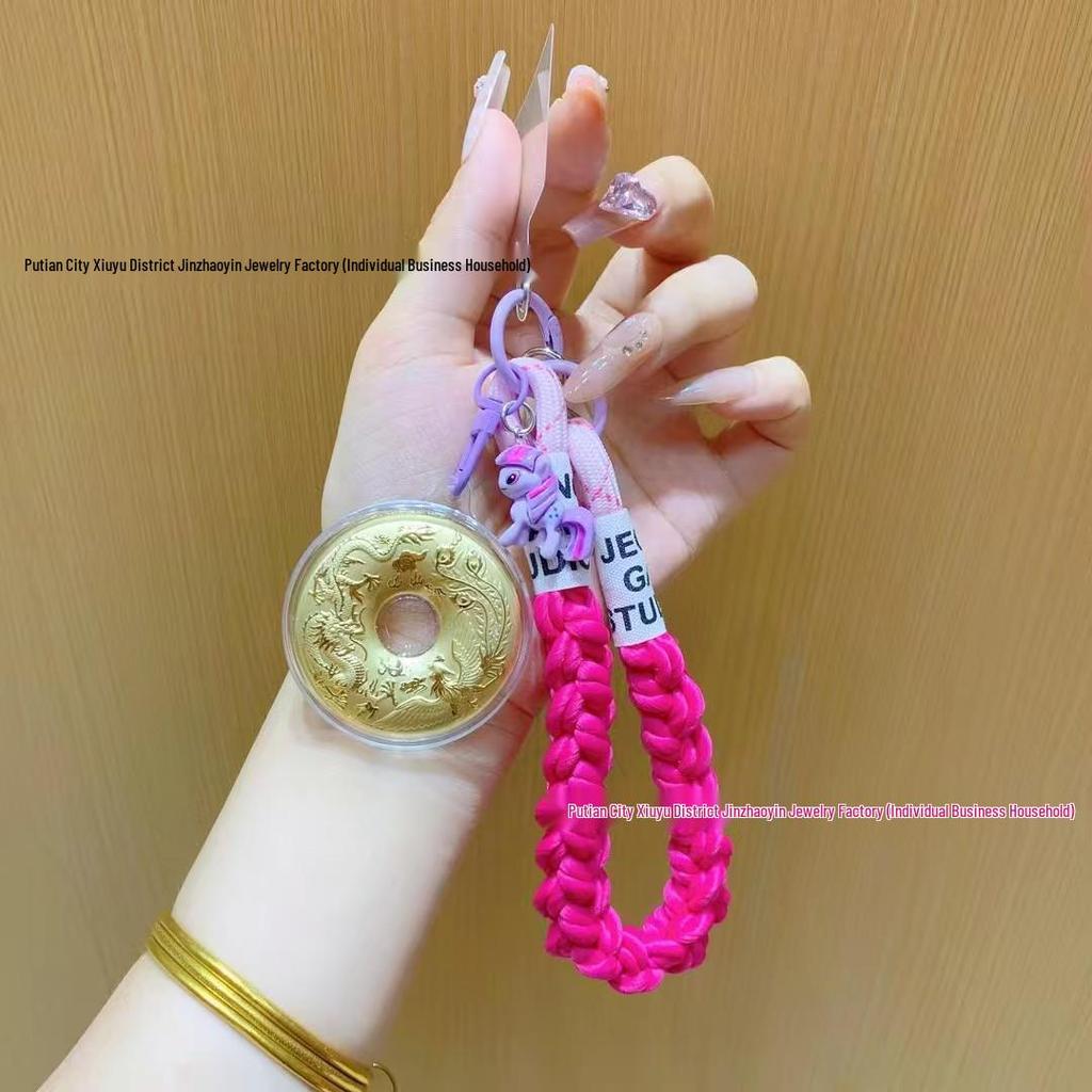 Pure Gold Dragon & Phoenix Pendant Phone Chain - Perfect Mid-Autumn Festival Gift for Elders