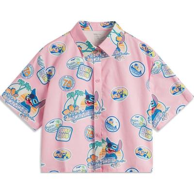 Li Ning X Disney Collaboration Stitch Series Comfortable Casual Cartoon Print Simple Loose Short Sleeve Shirt Women Shirts Pink ASHU244-4