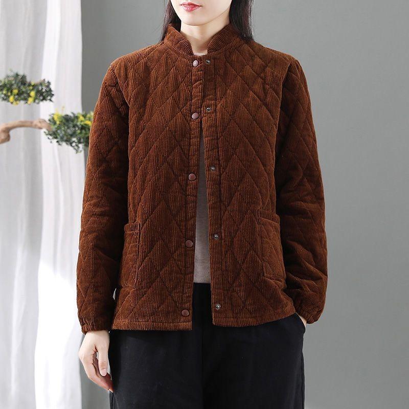 Women's Winter Autumn Corduroy Quilted Cotton Padded Jacket Retro Loose Stand-Collar Diamond Pattern Short Corduroy Cotton Outerwear