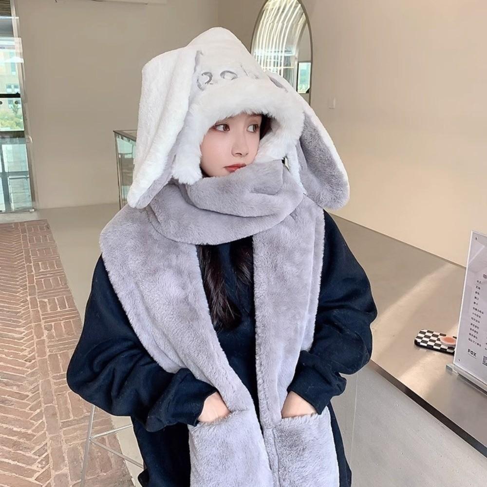 Cute 3-in-1 Hooded Scarf Thicken Keep Warm Scarf Ear Protection Windproof Scarf Hat Gloves Set Women Girls