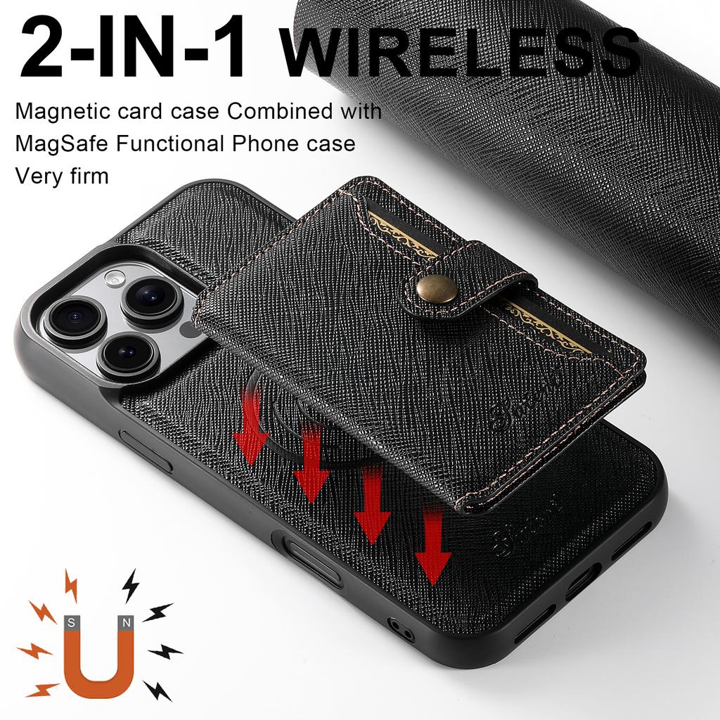 SUTENI H20 For iPhone 15 Pro Magnetic Case Cross Texture Phone Back Cover with Detachable Card Holder