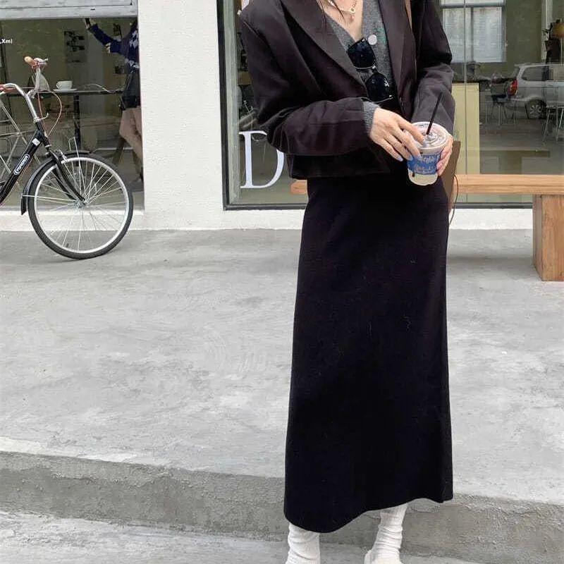 80cm High Waist Korean Style Knit Midi Skirt: Autumn/Winter Slimming Bodycon Design Without Slit