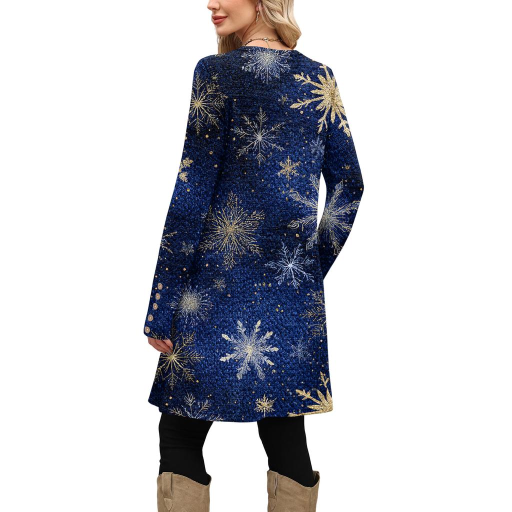 Rochie Casual de Damă la Modă cu Buzunare, Nasturi Decorativi, Imprimeuri de Crăciun, Gât Rotund și Mâneci Lungi