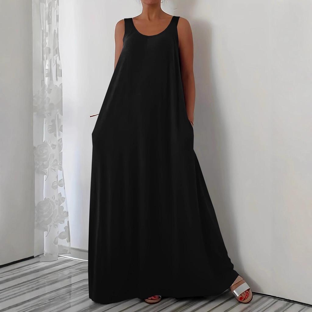 Plus Size Summer Solid Color Dress with Side Pockets (European and American Style)