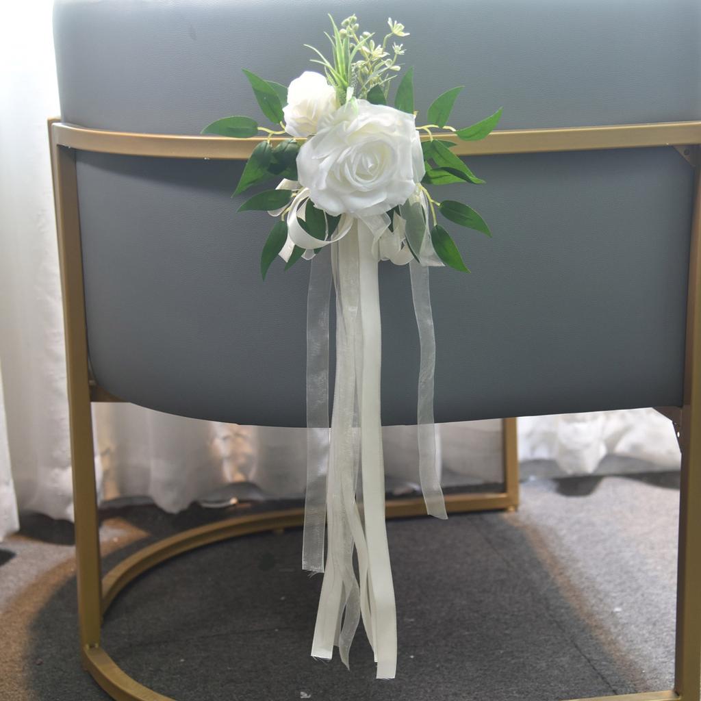 6 Stück elegante weiße künstliche Blumenstuhldekorationen, Bänke, Kirchenbänke, Blumen mit Bändern für Hochzeitsgang, Party-Versorgung