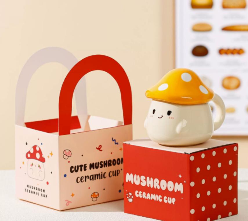 INS Style Mushroom Ceramic Coffee Mug with Lid, Cute Kawaii Tea Cup, Funny Animal Drinkware for Home Office