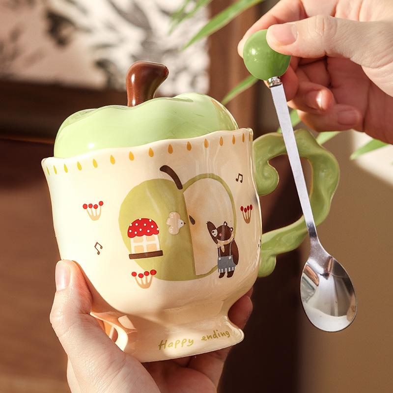 Birthday Gift for Girls, Christmas Apple Ceramic Mug, Couple Water Cup with Lid, Girlfriend's Souvenir Gift Box.