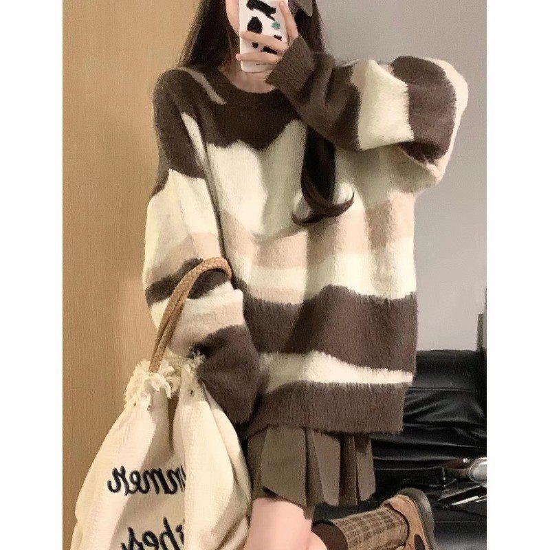 Women's Japanese Retro Striped Oversized Knitted Sweater - Soft, Gentle, Lazy Style for Spring & Autumn