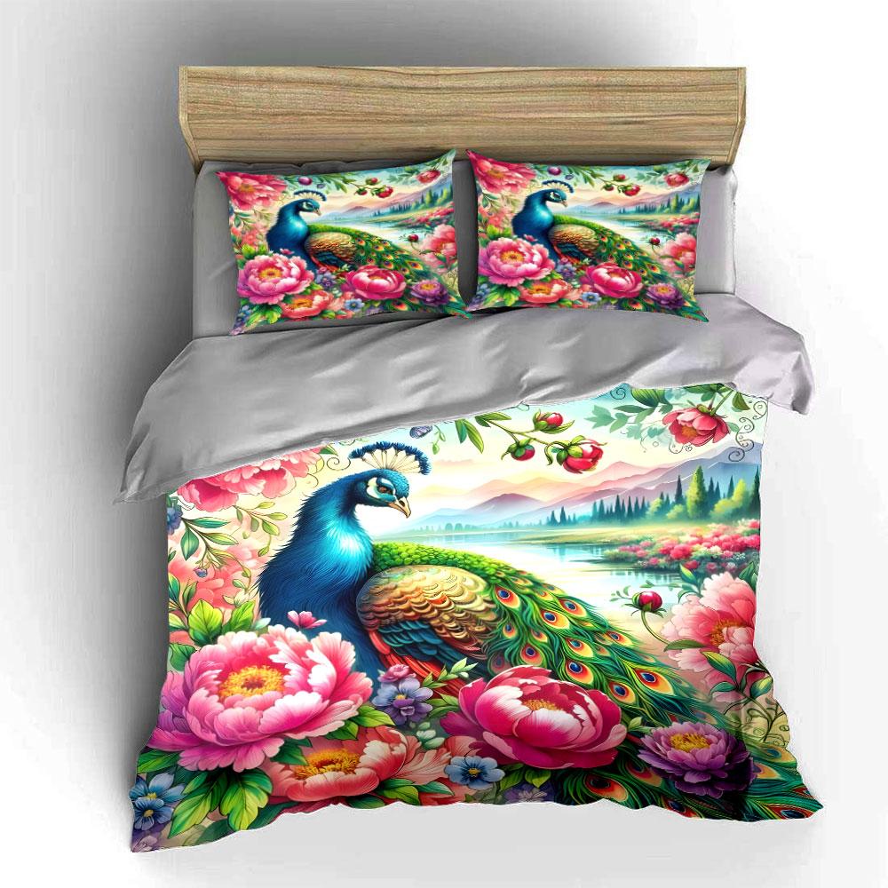 Peacock and Floral Landscape Bedding Duvet Cover Set  (1*Duvet Cover 2*Pillowcases, without duvet insert)