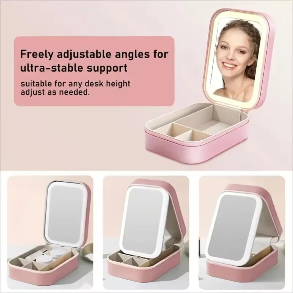 Mini LED Makeup Mirror USB Rechargeable Leather Case Jewelry Case Touch Control 360° Rotation Cosmetic Storage