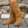 Fashion Western Retro Buckle Cowboy Boots for Women Faux Suede Hollow Out Riding Boots Woman Spring Autumn Square Heels Mid Calf Botas