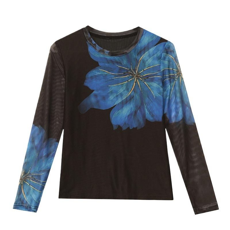 Mesh Base Shirt for Women Thin Spring Print Fashionable Top Slim and Versatile Round Neck Long Sleeve T-shirt