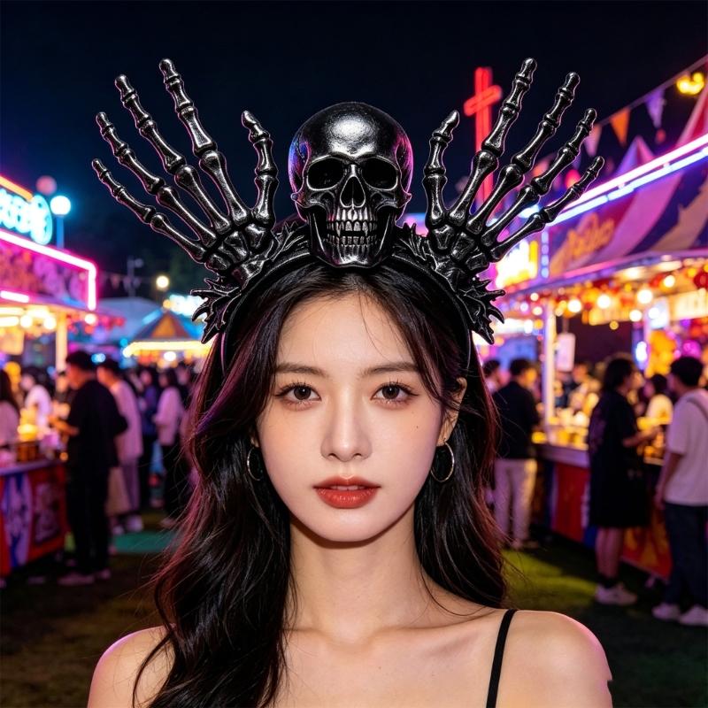 Halloween Skull Headband Complete Costume Hair Accessory with Black Skeletal Hand Design for Cosplay Parties and Photo Booth Styling