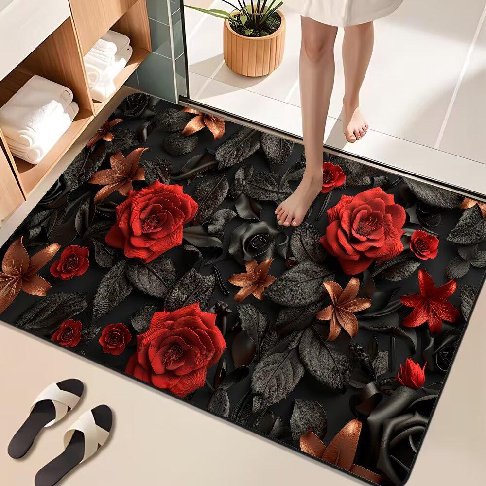 3D Floral Diatomaceous Earth Bath Mat - Absorbent, Quick-Dry, Stain & Wear Resistant Doormat
