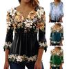 Women 3D Flower Print Pullover T-Shirt Top Loose Hem V-neck Buttons Half Placket 3 4 Sleeves Streetwear Blouse