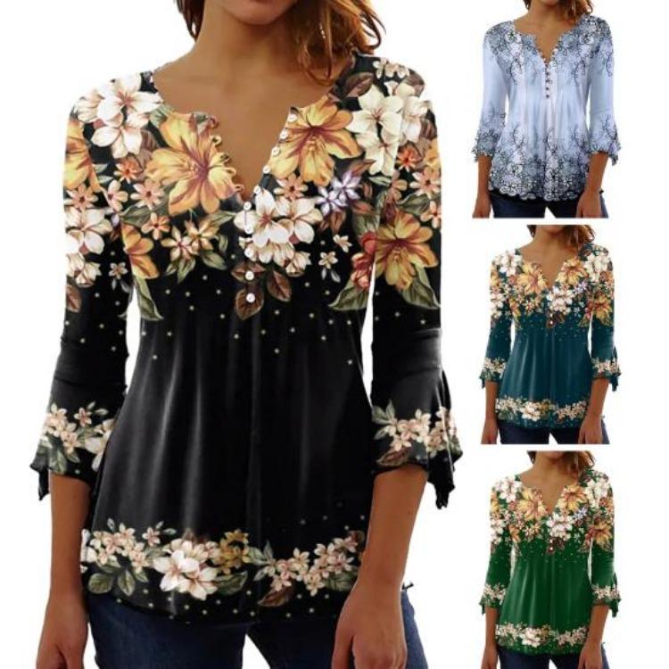 Women 3D Flower Print Pullover T-Shirt Top Loose Hem V-neck Buttons Half Placket 3 4 Sleeves Streetwear Blouse