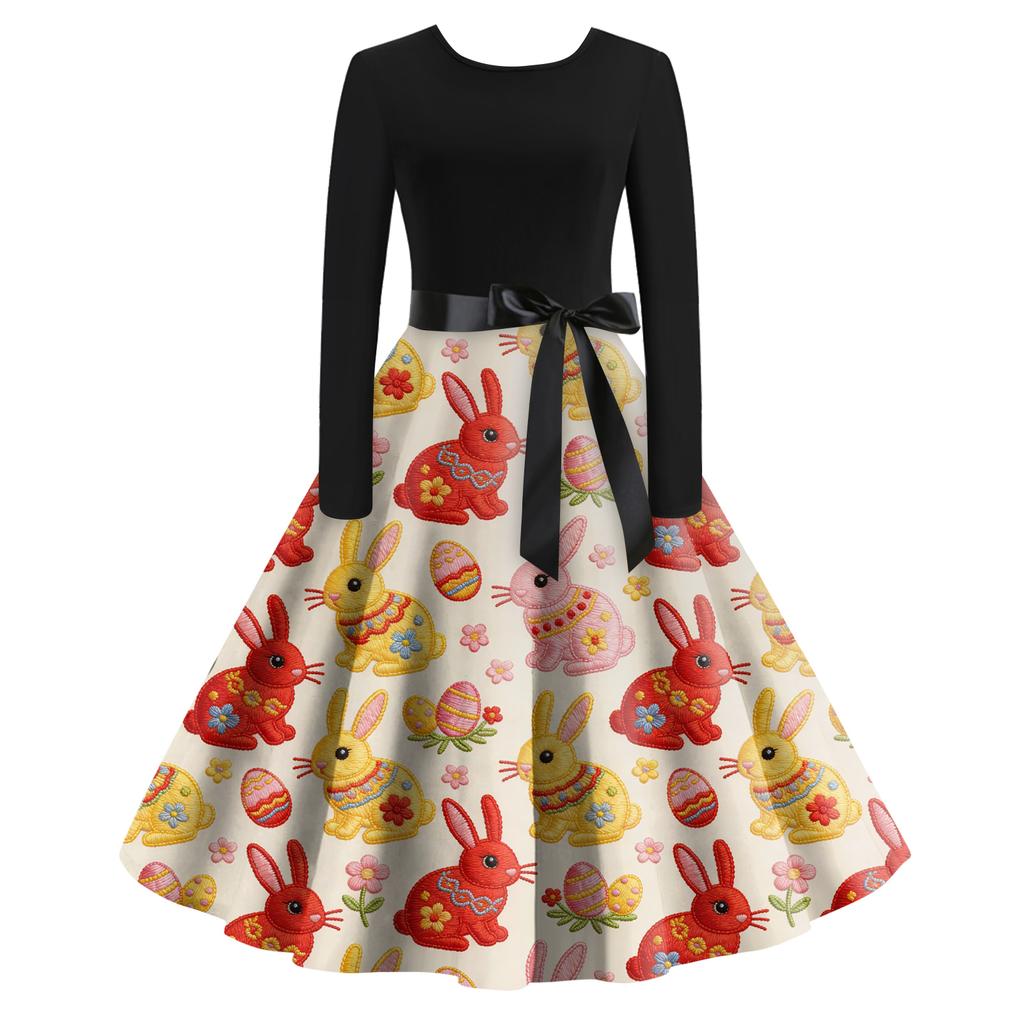Women's Casual Fashion R-neck Long Sleeved Retro Christmas Print Retro Dress