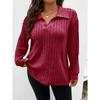 Autumn Winter New Solid Color Plus Size Women's Top V Lapel Long Sleeve Ribbed Brushed T-shirt Loose Casual