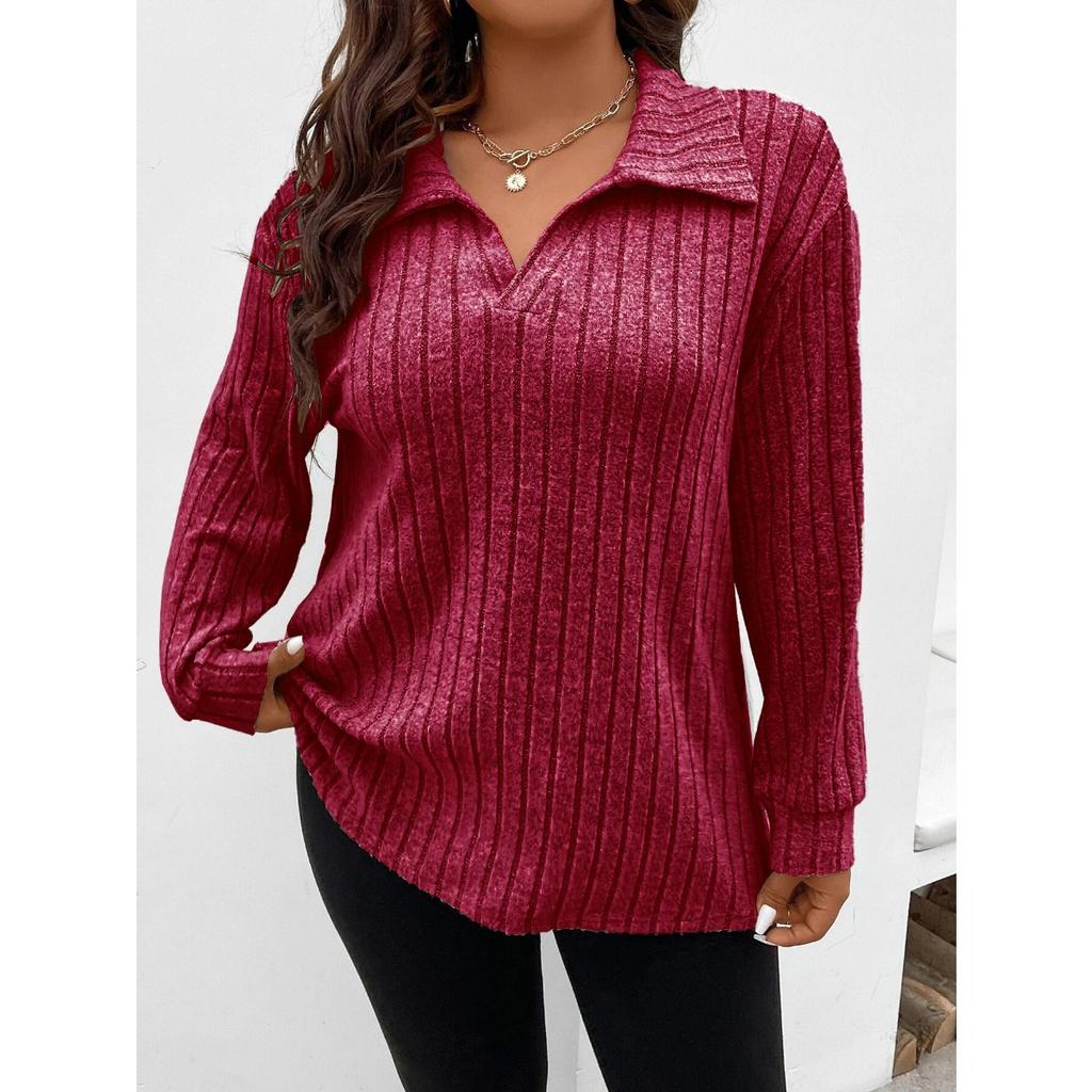 Autumn Winter New Solid Color Plus Size Women's Top V Lapel Long Sleeve Ribbed Brushed T-shirt Loose Casual