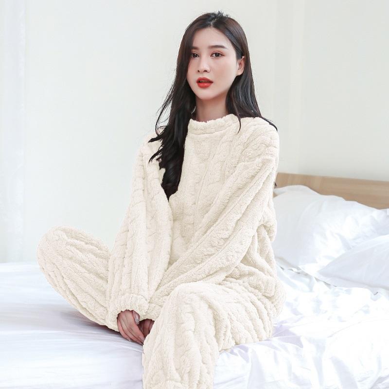 Winter Solid Color Jacquard Men's And Women's Pajama Set Cozy Thickened Warm Homewear Sleepwear Loungewear Set
