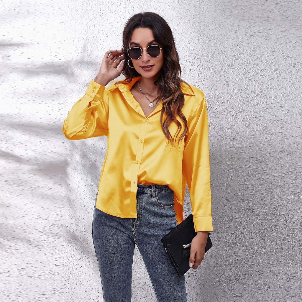 Women's Long Sleeve Silk Feeling Shirt Wrap Knot Casual Blouse