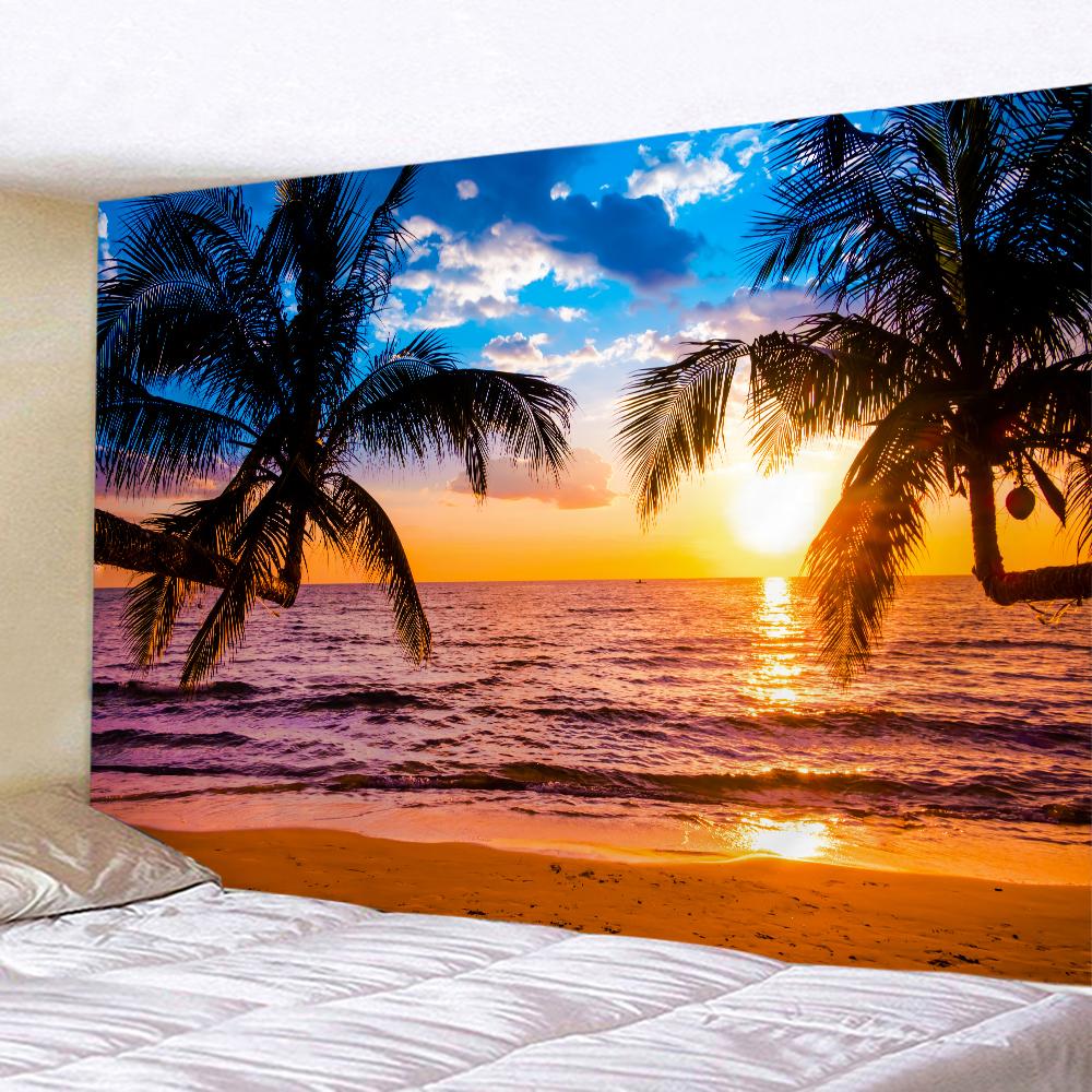 Beach Sunset Landscape Tapestry Wall Hanging Coconut Tree Printed Wall Art Hotel Room Decoration Items Aesthetic Dorm Home Decor