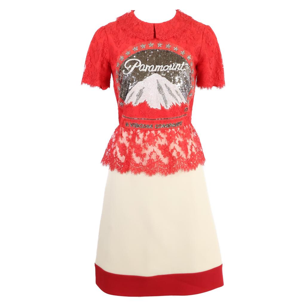 GUCCI 543335 2018 Paramount Sequin Logo Lace Bi-Color Dress dress 36 Red xIvoryUsed