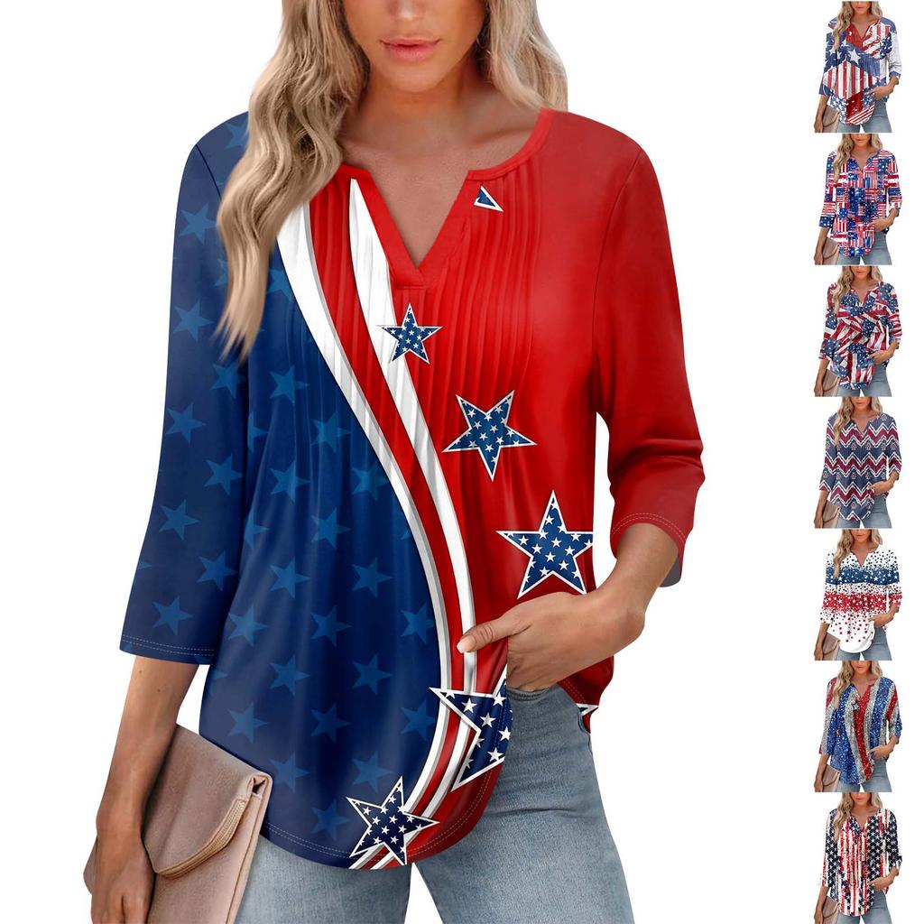 Women's Fashionable Casual Pleated  V Neck Solid Color Seven Quarter Sleeve T-shirt Top