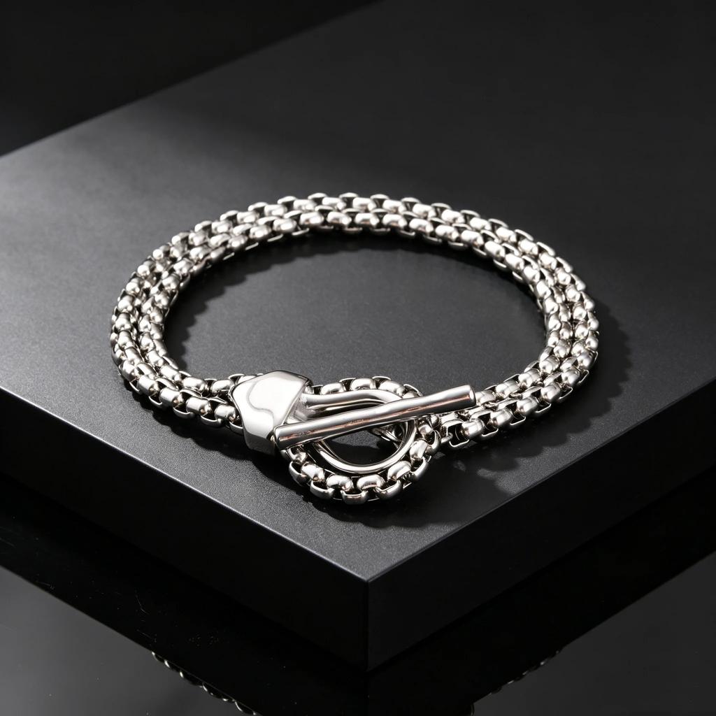 Punk Non Fading Double Layer Square Chain OT Buckle Chunky Bracelet for Men, Waterproof Stainless Steel Fashion Jewelry Gift
