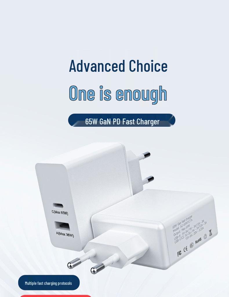 65W Gallium Nitride Dual-Port USB-C Fast Charger for Laptop & Phone