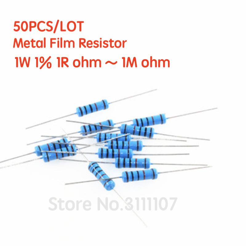 50PCS/LOT 1W 1% Metal Film Resistor 1% 1R ~ 1M 2R 10R 22R 47R 100R 330R 1K 4.7K 10K 22K 100K 470K 51 22 47 330 Ohm Resistance
