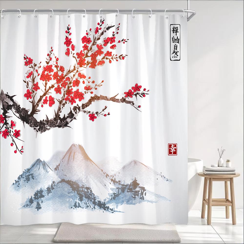 

Японская Волна Гора Фудзи Цветок Сливы Принт Душевая Занавеска Водонепроницаемая Полиэстеровая Ткань Ванная Комната Занавески с 12 Крючками W90xH180cm