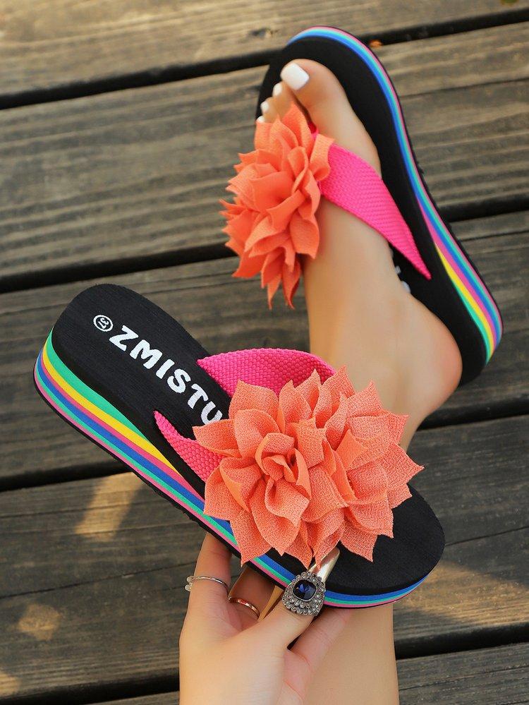 

Женские летние шлепанцы-сандалии на толстой подошве с разноцветной подошвой, с радужным цветком, женская обувь, повседневные пляжные шлепанцы 43 оранжевый