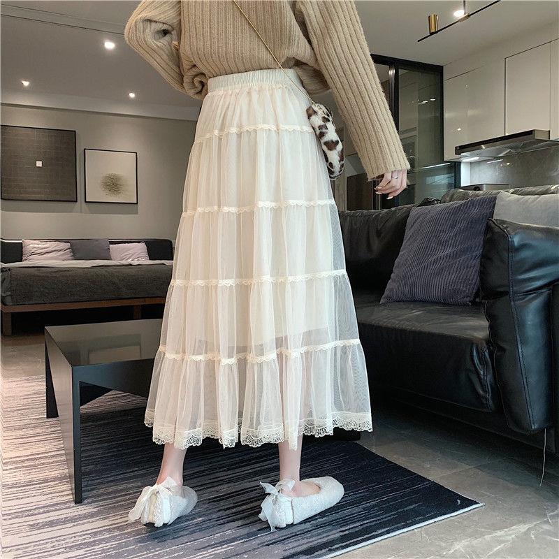 Sweet Mesh Skirts Women Korean Fahion Lace Cake Long Skirts Y2K Faldas Spring Female Elegant Chic Ruffle Maxi Skirt