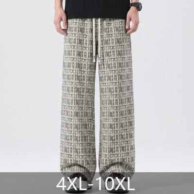 Men Plus Size Jacquard Plaid Straight Pants Elastic Waist Drawstring Loose Casual Trousers With Pockets