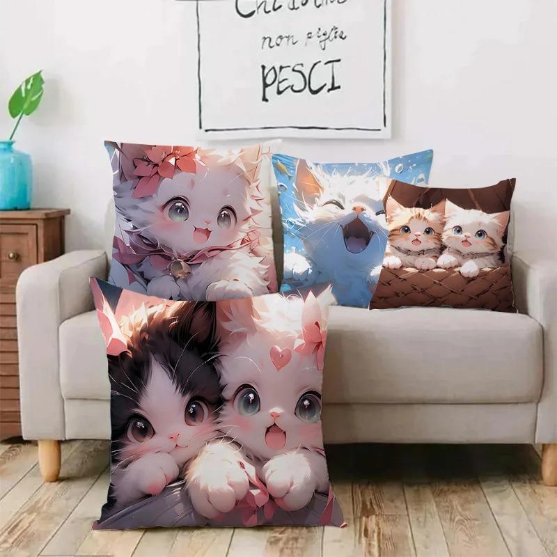 Kawaii Kreslený Roztomilá Kočka Herní Potahy na Polštáře Kreslený Dekorativní Potah na Polštář pro Domácí Pohovku s Potiskem Roztomilý Potah na Polštář