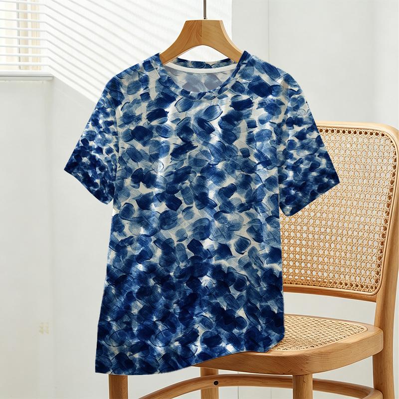 Summer Casual T-Shirt, Light Western Vibe, Blue White Tie-Dye, Soft Cotton Short Sleeve, Breathable Top Ideal for Daily Commute & Loungewear