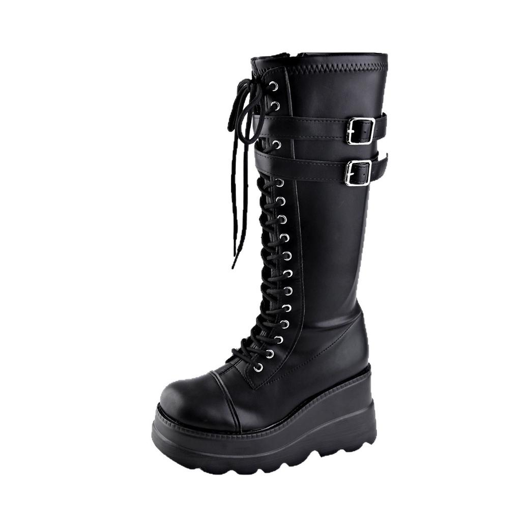 Belt buckle heel locomotive boots women's winter thick-soled large-size muffin punk high boots