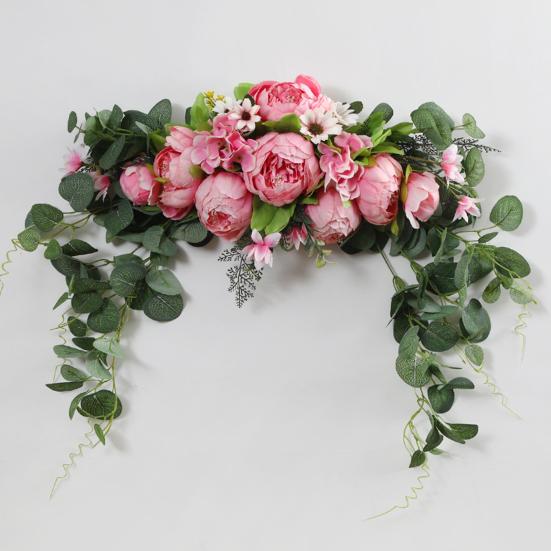 Artificial Peony Flower Swag with Green Leaves Wedding Party Arch Flower Welcome Sign Decorative Floral Swag Door Lintel Wall Window Decor