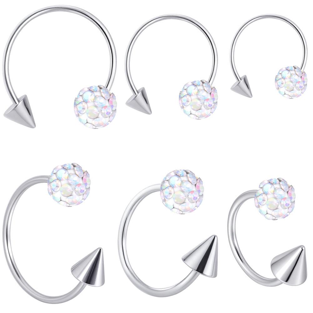 Shamballa Kristal Toplu ve Konik Uçlu C Şekilli Titanyum Barbell - Parlak At Nalı Dudak ve Burun Halkası Piercing