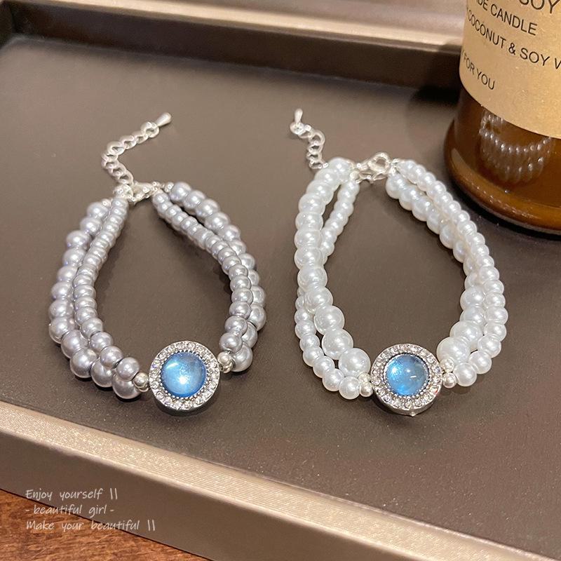 Brățară coreeană visătoare cu zircon albastru și perle pentru femei - Design elegant cu cruce