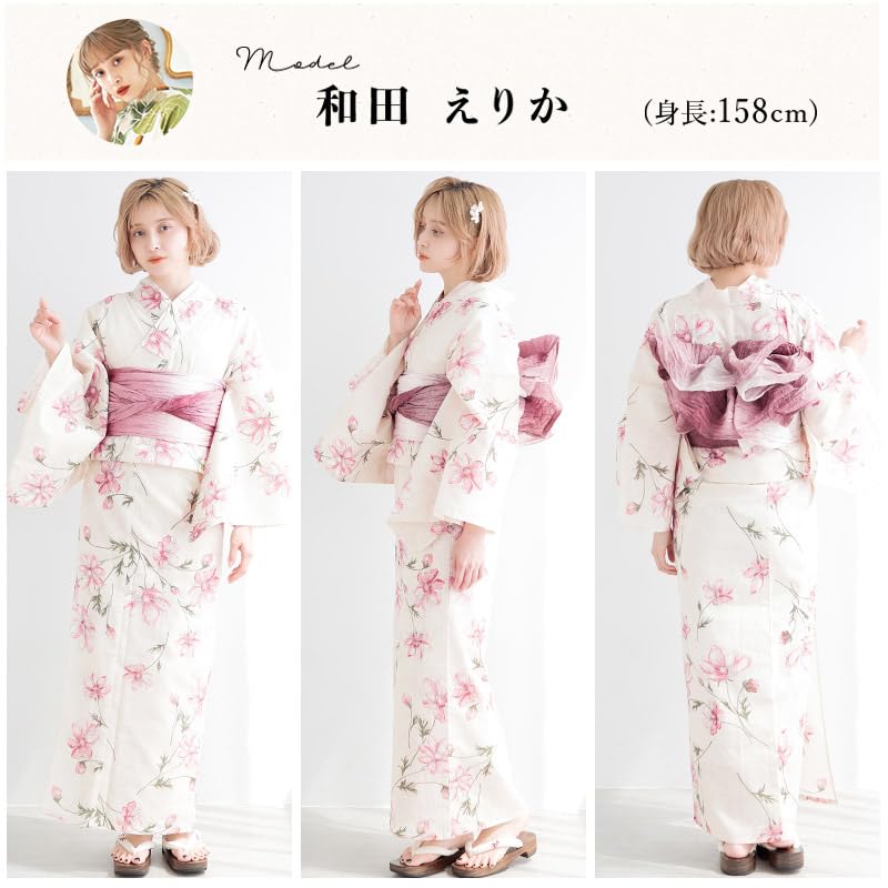 (Dita) Dita Women's Yukata 5-Piece Set: Heiko Obi (Sash), Blue, White, Navy, Pink Floral Watercolor Pattern, Natural, Easy To Wear by One Person (2.
