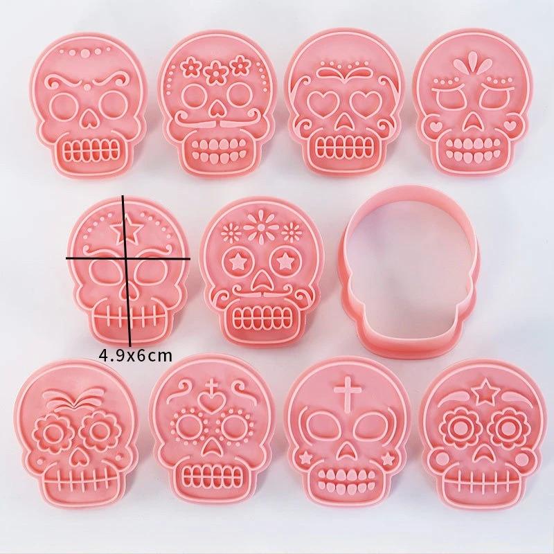 10Pcs/Set Halloween Skull Cookie Molds Fondant Dessert Biscuit Embossing Stamp Cutting Mold Party Baking Cake Decoration Tools