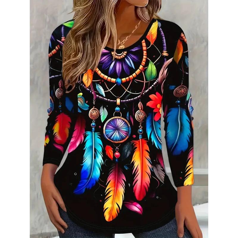 Retro Women's Long-Sleeve T-Shirt Western Ethnic Floral Round Neck T-Shirt Top 2025 Fall OverSize Women's Clothing