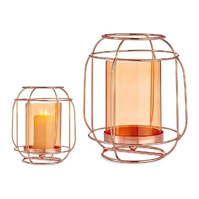 Candle Holder - Copper Amber - Metal Glass Lantern - 19x20x19 Cm - Contemporary Design - Decorative Objects