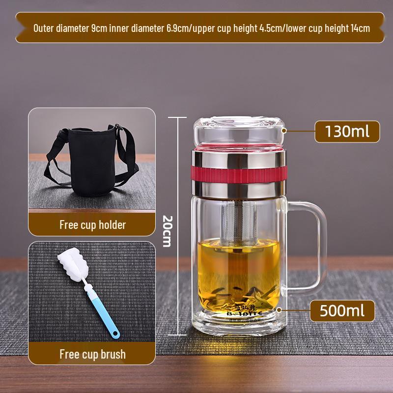 High Temperature Resistant Large Capacity Glass Tea Cup with Infuser, Double-Walled, Heat Insulated, and Portable Borosilicate Glass.