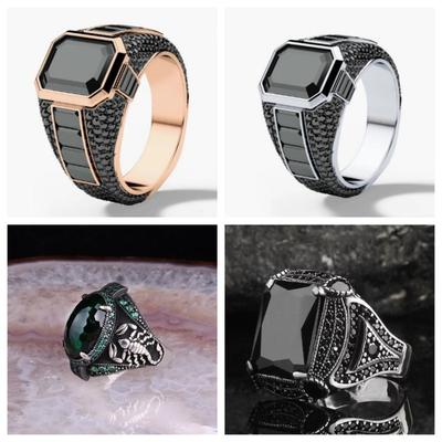 Retro Thai Silber Imitation Schwarzer Achat Herrenring, Personalisierter und Trendiger Vier-Krappen Zirkon Herrenring